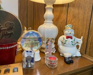 1998 Lenox Snowman - Creamer & Sugar, Christmas Ceramic Santa Boots Candle Holder, 2011 Hallmark Dancing Lights “Ho Ho Ho” Holiday Snow Globe