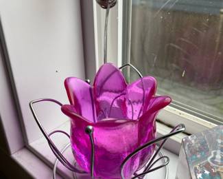 Butterfly Hovering over Fuchsia Glass Floral Candle Holder