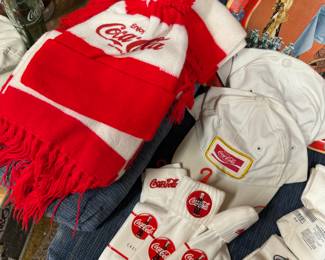 Assortment of Coca Cola Themed Socks, Coca Cola Stocking Cap and Scarf, 2 Coca Cola Ball Caps
