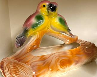 Love Birds on Log Ceramic Parrots Planter 