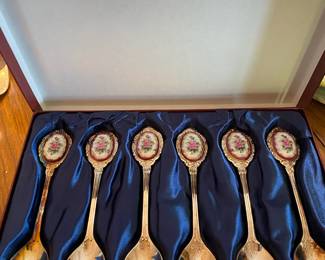 Set of 6 Floral Porcelain/Silver Plate Demitasse Spoons - Made in Korea