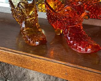 Amber Glass Hobnail Glass Boot, Orange Glass Hobnail Glass Boot