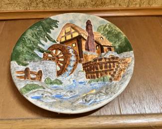 Chalkware 3 Dimensional Wall Hanging Plate with Water Mill Scene
