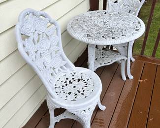 White Wrought Iron Bistro Set with Rose Design