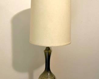 Mid Century Smoky Green Glass Lamp with Gold Leaf Design