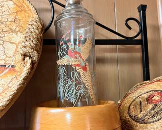 Clear Glass Pheasants Flying Whiskey Decanter Bottle with Stopper, Turned Wood Small Bowl