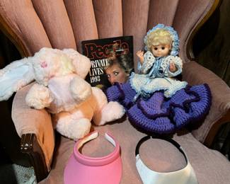 Blonde Doll with Blue, White and Purple Crocheted Dress, Light Pink Plush Bunny