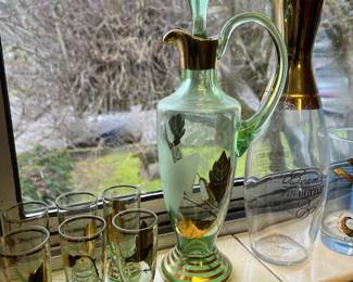 Emerald Green Glass Gold Gilt Decanter with 6 Shot Glasses