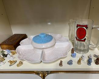 Mid Century Blue/White Pottery Dip/Snack Set, Ballard Beavers Glass Stein, Ornately Carved Wooden Box