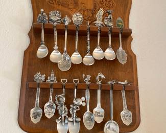 Assortment of Antique Souvenir Spoons, Spoon Display Shelf