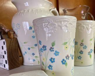 Rite of Spring - White with Blue Floral Design Pitcher with Two Glasses