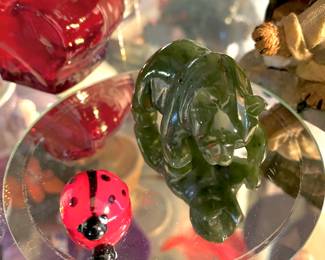 Carved Jade Bear Figurine, Glass Lady Bug Figurine