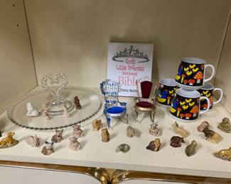 Set of 4 Mid Century Mugs with Rooster/Chicks Design, Assortment of Wade Whimsies Figurines, Glass Serving Platter with Heart Shaped Handle, Pair of Tin Doll Chairs