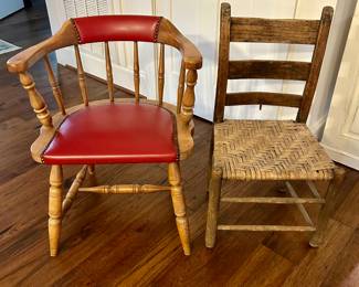 Vintage leather chair and rustic outdoor chair
