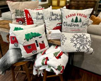 Christmas pillows (mostly outdoors) seasonal blankets in great condition. 