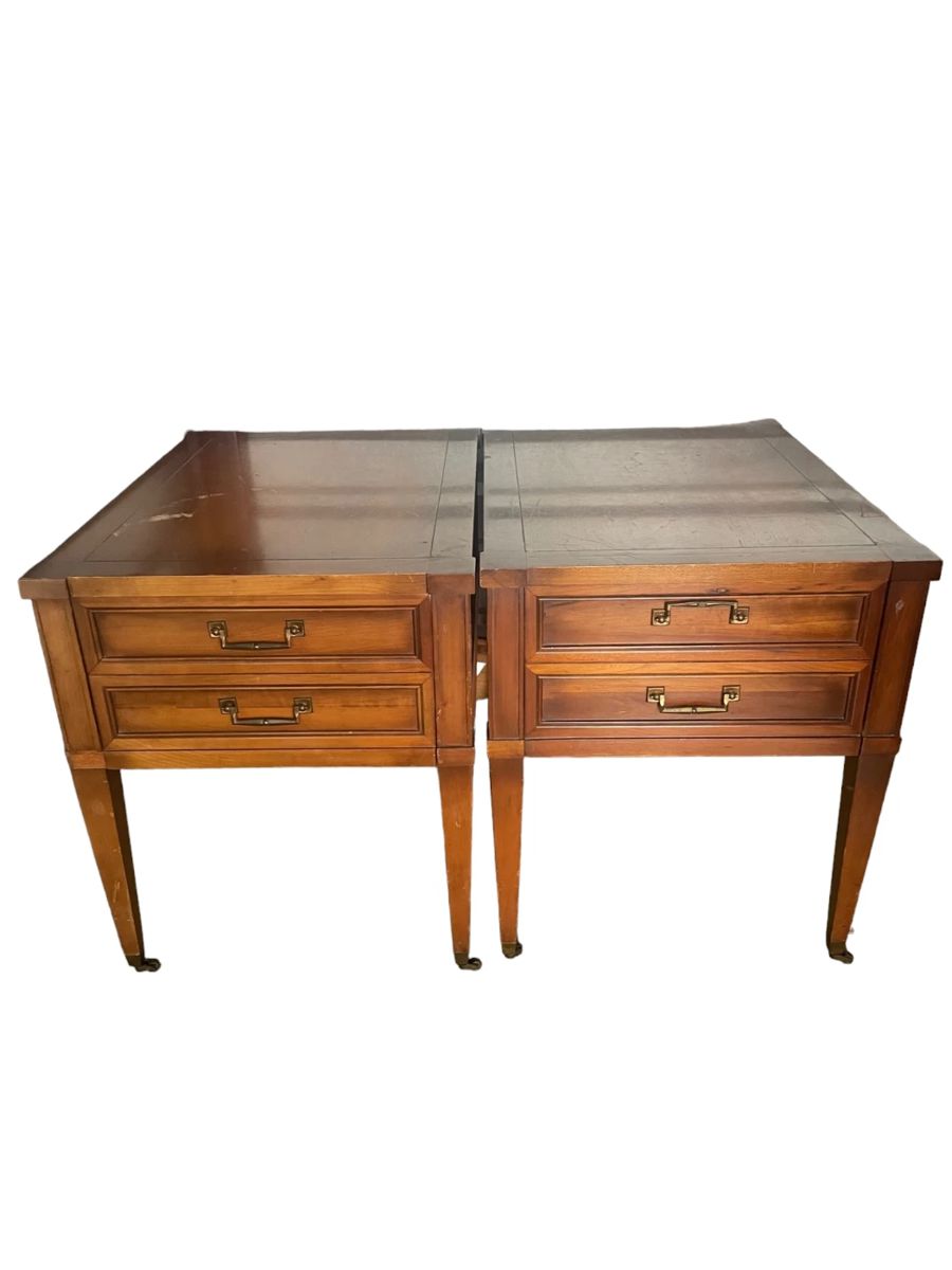 $150 USD      Pair of Vintage Brandt Furniture End Tables JW169-8     A pair of Brandt Furniture end tables. These vintage tables each feature a single dovetailed drawer with faux two-drawer façade on tapered legs terminating in casters.

Dimensions: 20.0" W x 23.0" H x 27.0" D

Fair condition.  Will need to be refinished

Local pick up Gaithersburg, MD.  Contact us for shipper suggestions     https://goodbyhello.com/products/pair-of-end-tables-jw169-8?_pos=1&_sid=aa925a30b&_ss=r