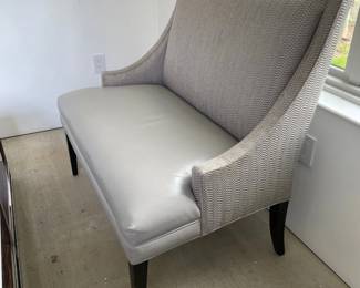 $600 - Grey/Ivory Leather Herringbone Wool Upholstery Lounge Chair GM38-10588                                   Upgrade any living room, den, or home office with this modern armchair. This chair has clean, modern lines, with a square back and arms and tapered black  legs. This accent chair completes the look in any space, traditional or contemporary.

DETAILS + DIMENSIONS: 42w x 19s x 25d x 40h

CONDITION: This piece is in very good condition.  Please refer to photo's for a more detailed look at condition. We make every attempt to list and photograph any defects or signs of wear that are significant to this sale.

LOCAL PICK UP Germantown, MD.  Contact us for shipper suggestions.