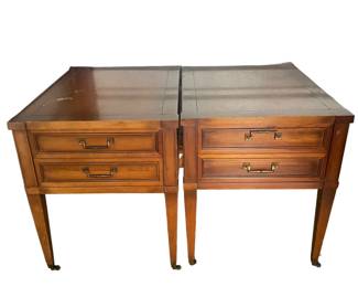 $150 USD      Pair of Vintage Brandt Furniture End Tables JW169-8     A pair of Brandt Furniture end tables. These vintage tables each feature a single dovetailed drawer with faux two-drawer façade on tapered legs terminating in casters.

Dimensions: 20.0" W x 23.0" H x 27.0" D

Fair condition.  Will need to be refinished

Local pick up Gaithersburg, MD.  Contact us for shipper suggestions     https://goodbyhello.com/products/pair-of-end-tables-jw169-8?_pos=1&_sid=aa925a30b&_ss=r