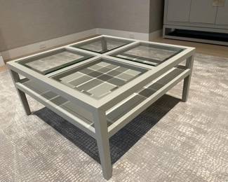 $150 - Large 40" Square Four Section Beveled Glass/Gray Composite Coffee Table GM38-10591               Description : The 40-inch square cocktail table handsomely combines style and function. The top is made of four beveled glass inserts that rest in a grey lacquered frame; the open shelf underneath can be used to display treasured books and collectibles. Beautifully proportioned with architectural lines, all perfectly dressed in a lacquered grey frame with a four section tempered, beveled glass top.

Condition Desc. : Piece has been well cared for and is in very good used condition. Please refer to photo's for a more detailed look at condition. We make every attempt to list and photograph any defects or signs of wear that are significant to this sale.

Local Pick up Germantown, MD.  Contact us for shipper suggestions.

Width : 40"
Depth : 40"
Height : 19"