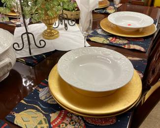 Pier One Imports Gold Chargers, Soup/Salad White Dishes, Fabric Placemats, Formal Dining Room Set Seats Eight with Two Leaves, Silk Floral Arrangement