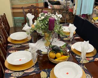 Pier One Imports Gold Chargers, Soup/Salad White Dishes, Fabric Placemats, Formal Dining Room Set Seats Eight with Two Leaves