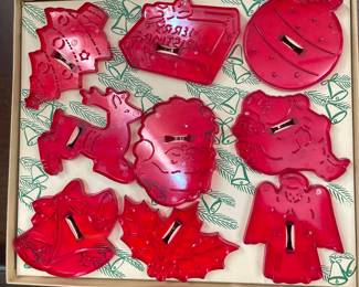 Vintage 1950's Christmas Cookie Cutters Christmas Tree, Ornament, Reindeer, Santa Head, Sant Full Body, Bells, Holly Berries, Angel & Present in Box with Recipe Printed on Cover