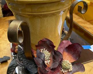 Ceramic Vase in Cast Metal Iron Stand with Magnolias