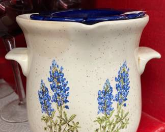 Grease Drip Crock with Hand Painted Blue Bonnets