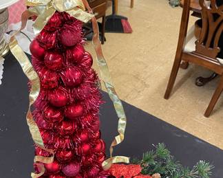 Tall Christmas Tree made with Christmas Ornaments includes Greenery and a Poinsettia 