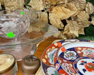 Gold Imari Decorative Dishes, Gold Poinsettias, Assorted Glassware