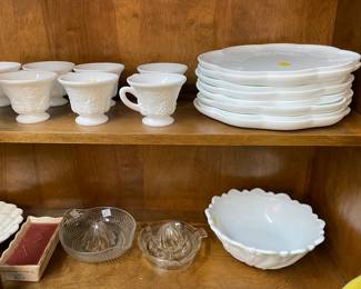 Grape Pattern Milk Glass Luncheon Set, Crystal Pieces
