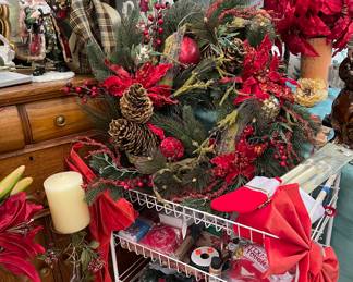 Assorted Christmas Decorations, Floor Candlestick, Winter Scarfs 