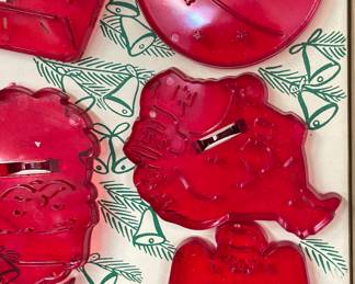 Vintage 1950's Christmas Cookie Cutters Christmas Tree, Ornament, Reindeer, Santa Head, Sant Full Body, Bells, Holly Berries, Angel & Present in Box with Recipe Printed on Cover