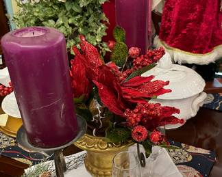 Pair of Candlesticks & Candles, Gold Overlay Centerpiece with Poinsettia Picks, Soup Taurine 