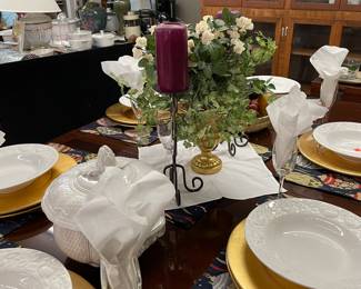 Pier One Imports Gold Chargers, Soup/Salad White Dishes, Fabric Placemats, Formal Dining Room Set Seats Eight with Two Leaves, Silk Floral Arrangement