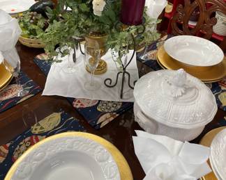 Pier One Imports Gold Chargers, Soup/Salad White Dishes, Fabric Placemats, Formal Dining Room Set Seats Eight with Two Leaves, Silk Floral Arrangement