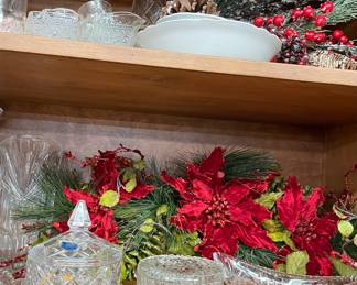 Assorted Crystal Dishes, Swag/Mantel Poinsettias, Milk Glass
