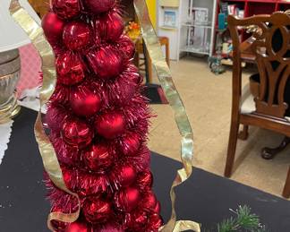 Tall Christmas Tree made with Christmas Ornaments includes Greenery and a Poinsettia 