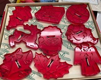 Vintage 1950's Christmas Cookie Cutters Christmas Tree, Ornament, Reindeer, Santa Head, Sant Full Body, Bells, Holly Berries, Angel & Present in Box with Recipe Printed on Cover