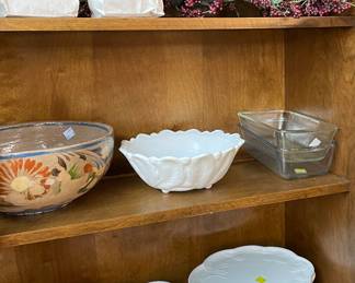 Assorted Jewelry Grab Bags, Vintage Mexico Pottery Bowl, Milk Glass Bowl, Vintage Grape Pattern Luncheon Plates and Cups