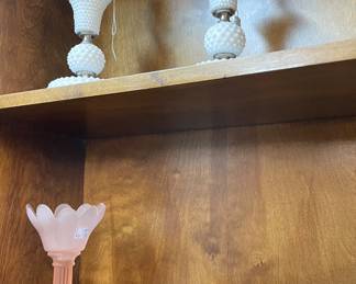 Vintage Hobnail Milk Glass Bedroom Lamps, Rose Color Frosted Glass Vase, Relish Dish, Small Red Candle Holder