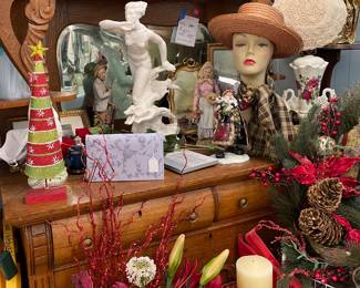 Tiger Oak Sideboard, Assorted Silk Florals, Assorted Household Decor