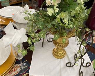 Pier One Imports Gold Chargers, Soup/Salad White Dishes, Fabric Placemats, Formal Dining Room Set Seats Eight with Two Leaves, Silk Floral Arrangement