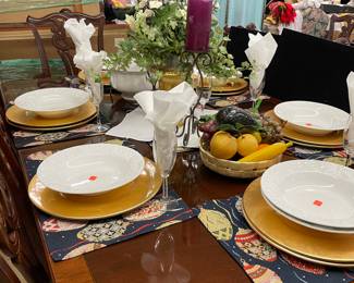 Pier One Imports Gold Chargers, Soup/Salad White Dishes, Fabric Placemats, Formal Dining Room Set Seats Eight with Two Leaves, Ceramic Breadbasket, Plastic & Paper Mache Fruit