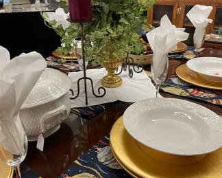 Pier One Imports Gold Chargers, Soup/Salad White Dishes, Fabric Placemats, Formal Dining Room Set Seats Eight with Two Leaves, Silk Floral Arrangement