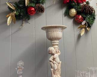 Silk Christmas Swag, Cherub Floral Stand, Crystal Decanter, Stemware