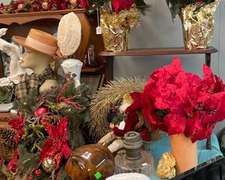 Potted Silk Florals Poinsettia, Owl Cookie Jar, Assorted Christmas Decor 