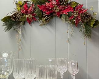 Silk Christmas Swag, Cherub Floral Stand, Crystal Decanter, Stemware