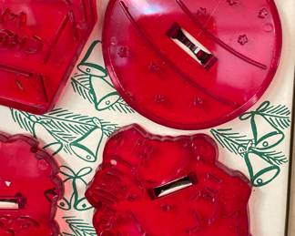 Vintage 1950's Christmas Cookie Cutters Christmas Tree, Ornament, Reindeer, Santa Head, Sant Full Body, Bells, Holly Berries, Angel & Present in Box with Recipe Printed on Cover