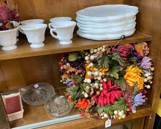 Grape Pattern Milk Glass Luncheon Set, Fall Floral Grouping, Crystal Pieces